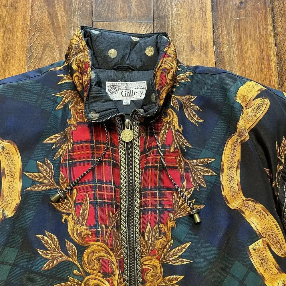 Vtg Gallery Down Jacket Womens S Baroque Plaid Puffer Bomber